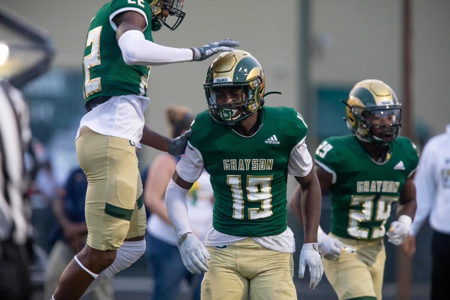 Grayson's John Cineas (19) is congratulated after scoring a touchdown during a GHSA high school football game between Grayson High School and Archer High School at Grayson High School in Loganville, GA., on Friday, Sept. 10, 2021. (Photo/Jenn Finch)