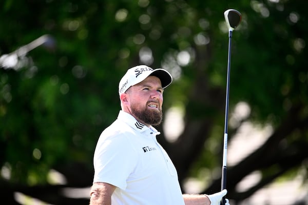 Shane Lowry, of Ireland, reacts after hitting his tee shot on the first hole during the third round of the Arnold Palmer Invitational at Bay Hill golf tournament, Saturday, March 8, 2025, in Orlando, Fla. (AP Photo/Phelan M. Ebenhack)