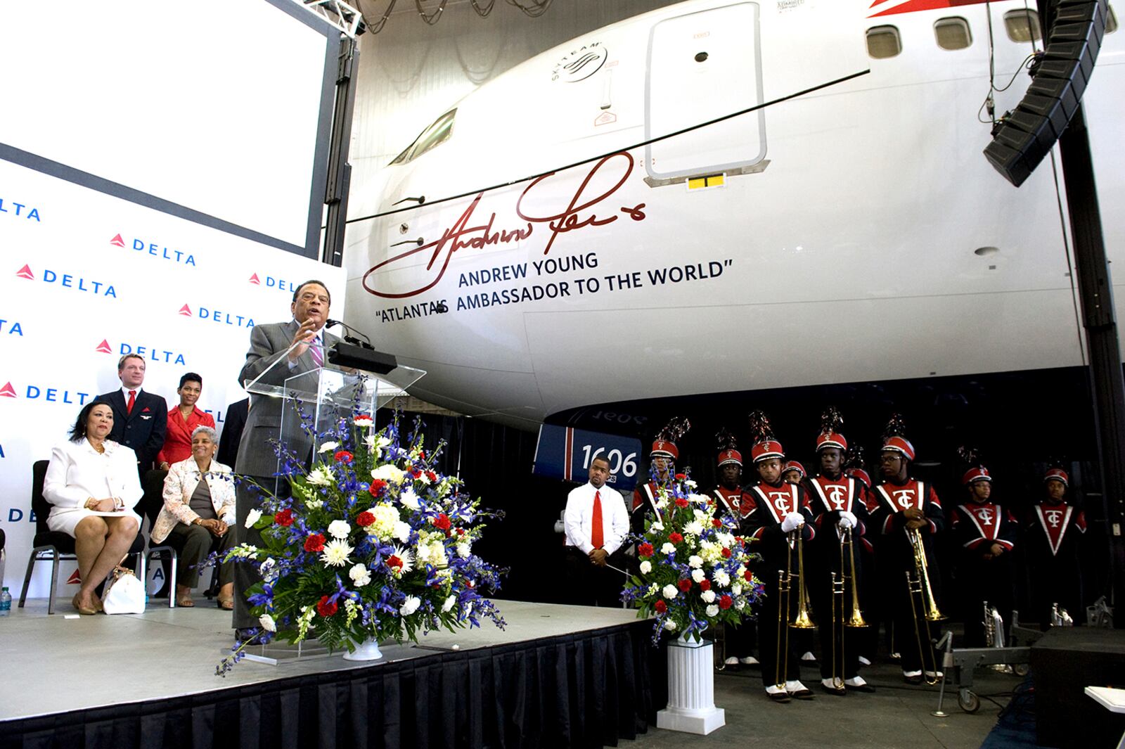 Delta Air Lines dedicated a Boeing 767-300ER to Andrew Young in 2012 to kick off his 80th birthday celebration. Young served on Delta's board from 1994-2004. Other Atlantans receiving this honor include Joseph Lowery, Bobby Cox, Chipper Jones and Hank Aaron. (Delta Air Lines)