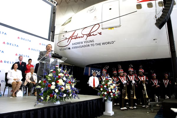 Delta Air Lines dedicated a Boeing 767-300ER to Andrew Young in 2012 to kick off his 80th birthday celebration. Young served on Delta's board from 1994-2004. Other Atlantans receiving this honor include Joseph Lowery, Bobby Cox, Chipper Jones and Hank Aaron. (Delta Air Lines)