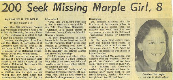 A 1975 newspaper clipping of The Bulletin newspaper about the disappearance of 8-year-old Gretchen Harrington.