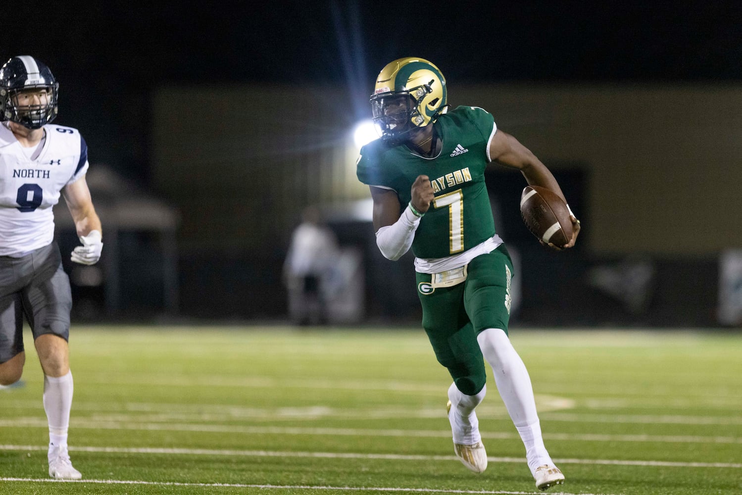 Grayson quarterback Jeff Davis (7) runs the ball during a GHSA High School Football game between the Grayson Rams and the North Paulding Wolfpack at Grayson High School in Loganville, GA., on Friday, November 17, 2023. (Photo/Jenn Finch)