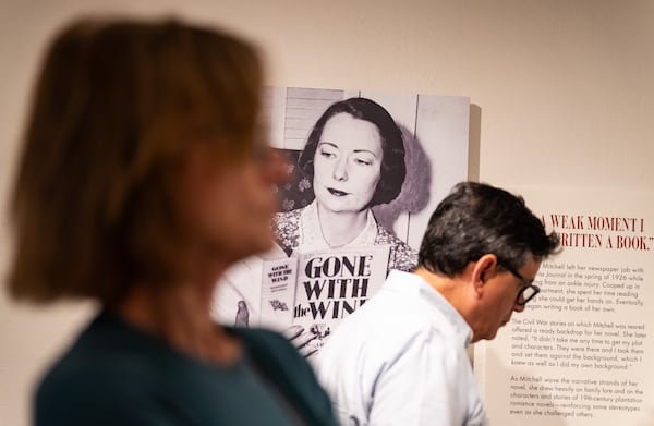 Attendees preview an updated exhibit on “Gone With the Wind” at the Margaret Mitchell House in Atlanta on Tuesday, July 9, 2024. (Seeger Gray / AJC)