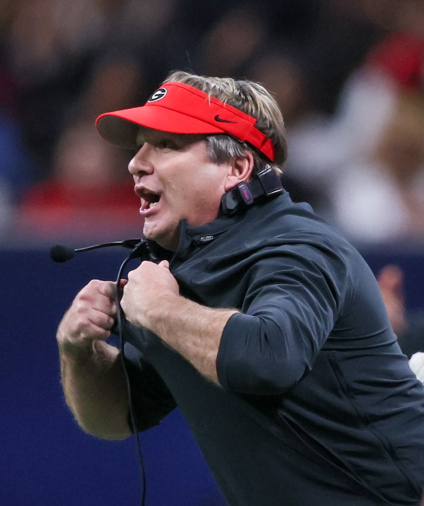 Georgia Bulldogs head coach Kirby Smart reacts during the fourth quarter of the SEC Championship football game against the Alabama Crimson Tide at the Mercedes-Benz Stadium in Atlanta, on Saturday, December 2, 2023. (Jason Getz / Jason.Getz@ajc.com)