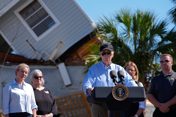 FILE - President Joe Biden speaks following a briefing by federal, state, and local officials in St. Pete Beach, Fla., during a tour of areas affected by Hurricane Milton, Oct. 13, 2024. (AP Photo/Manuel Balce Ceneta, File)