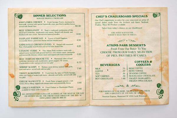 The food served at Atkins Park has evolved over the years. This menu dates from 1981. Courtesy of Atkins Park