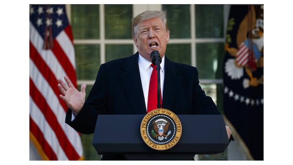 President Donald Trump speaks in the Rose Garden of the White House, Friday, Jan 25, 2019, in Washington.  