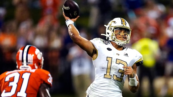 Georgia Tech quarterback Jordan Yates (13) throws a pass as Clemson cornerback Mario Goodrich (31) defends in the second half Saturday, Sept. 18, 2021, in Clemson, S.C. (John Bazemore/AP)