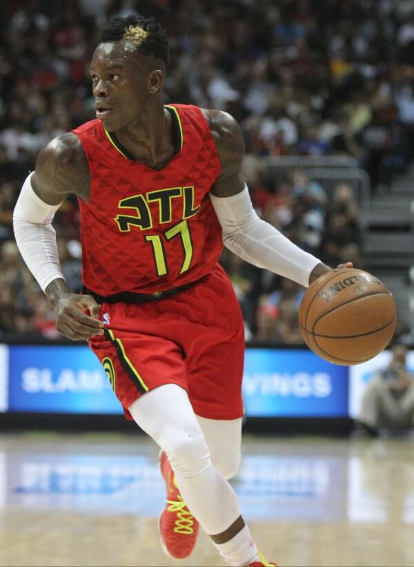 Atlanta Hawks guard Dennis Schroder runs down the court at Phillips Arena in Atlanta on April 9, 2017. (HENRY TAYLOR / HENRY.TAYLOR@AJC.COM)