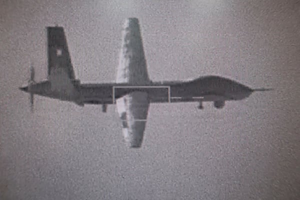 This photograph released by Taiwan Ministry of National Defense taken from a Taiwan Air Force F-16V, shows a Chinese CAIG Wing Loong II drone near Taiwan, Monday, March 17, 2025. (Taiwan Ministry of National Defense via AP)