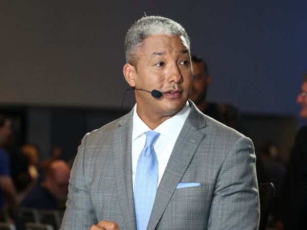 NFL Network's Steve Wyche speaks on set ahead of Super Bowl LIV, Wednesday, Jan. 29, 2020 in Miami, Fla. He is ready to make his debut as the Falcons exhibition season analyst in 2021. (Ben Liebenberg/NFL)