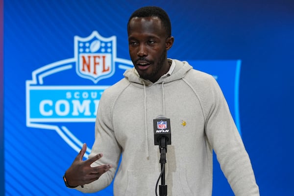 Minnesota Vikings general manager Kwesi Adofo-Mensah speaks during a press conference at the NFL football scouting combine in Indianapolis, Tuesday, Feb. 25, 2025. (AP Photo/Michael Conroy)