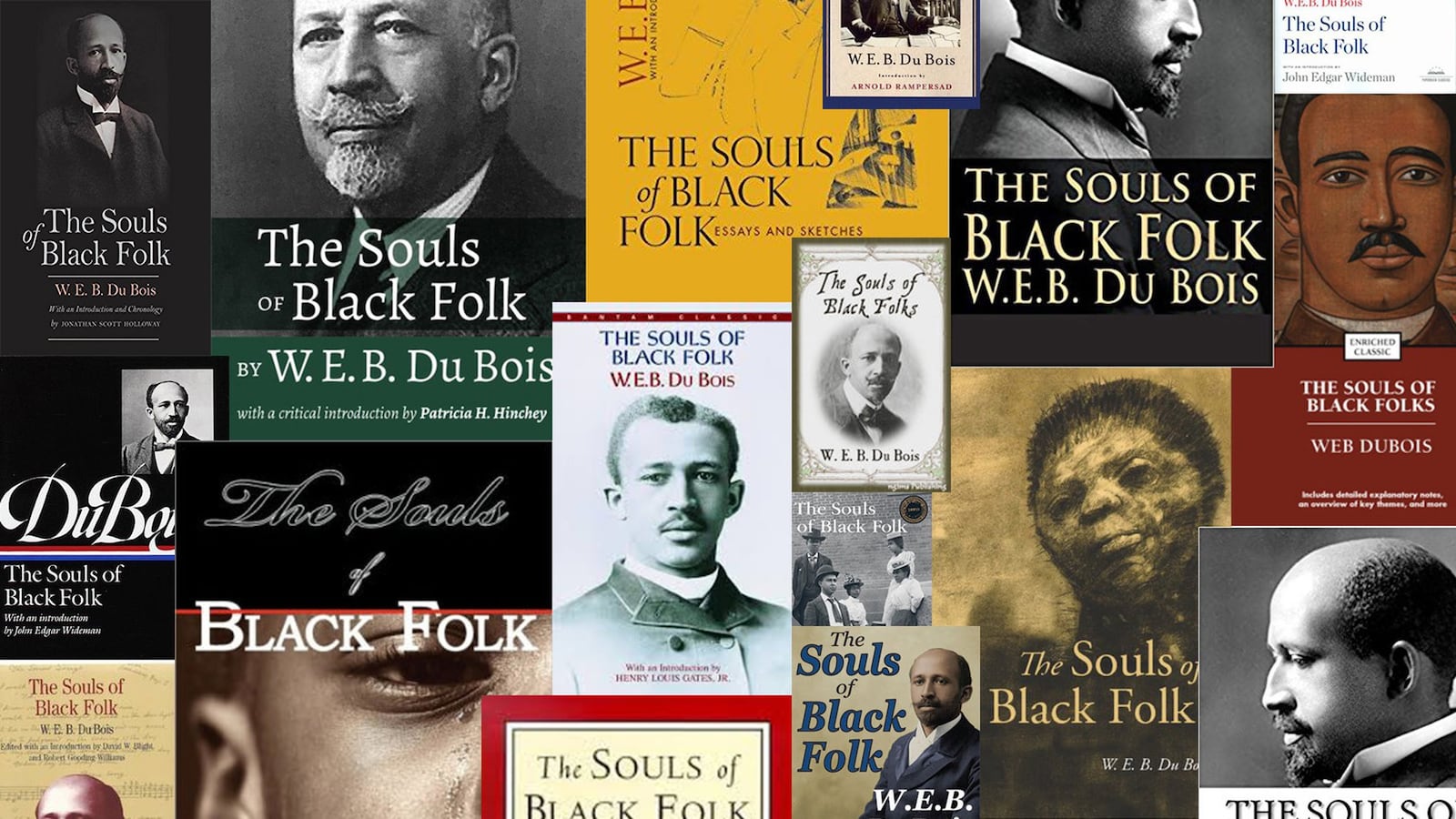 Photo illustration of various editions of W.E.B. DuBois’ “The Souls of Black Folk,” first published in 1903. The book’s first chapter coins the term “double-consciousness,” which DuBois defined as the “sense of always looking at one’s self through the eyes of others.” (Pete Corson / AJC)