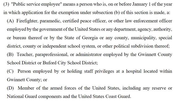 Gwinnett County: One referendum question relates to homestead exemptions, to reduce property taxes for the Gwinnett County school district and applies to “public service workers.” The definition of public service workers is shown here. The text comes from House Bill 748 approved by the Georgia Legislature.