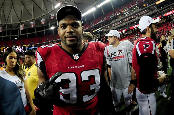 Dwight Freeney of the Falcons celebrates after defeating Green Bay Packers in the NFC championship game at the Georgia Dome last Sunday. The Falcons won to advance to this week’s Super Bowl, which will be the final game of Freeney’s career if he retires. (Scott Cunningham/Getty Images)