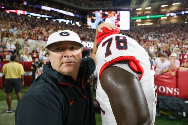 Georgia head coach Kirby Smart greets Georgia defensive lineman Nazir Stackhouse (78) after their loss to Alabama at Bryant-Denny Stadium, Saturday, Sept. 28, 2024, in Tuscaloosa, Al. Alabama won 41-34. (Jason Getz / AJC)

