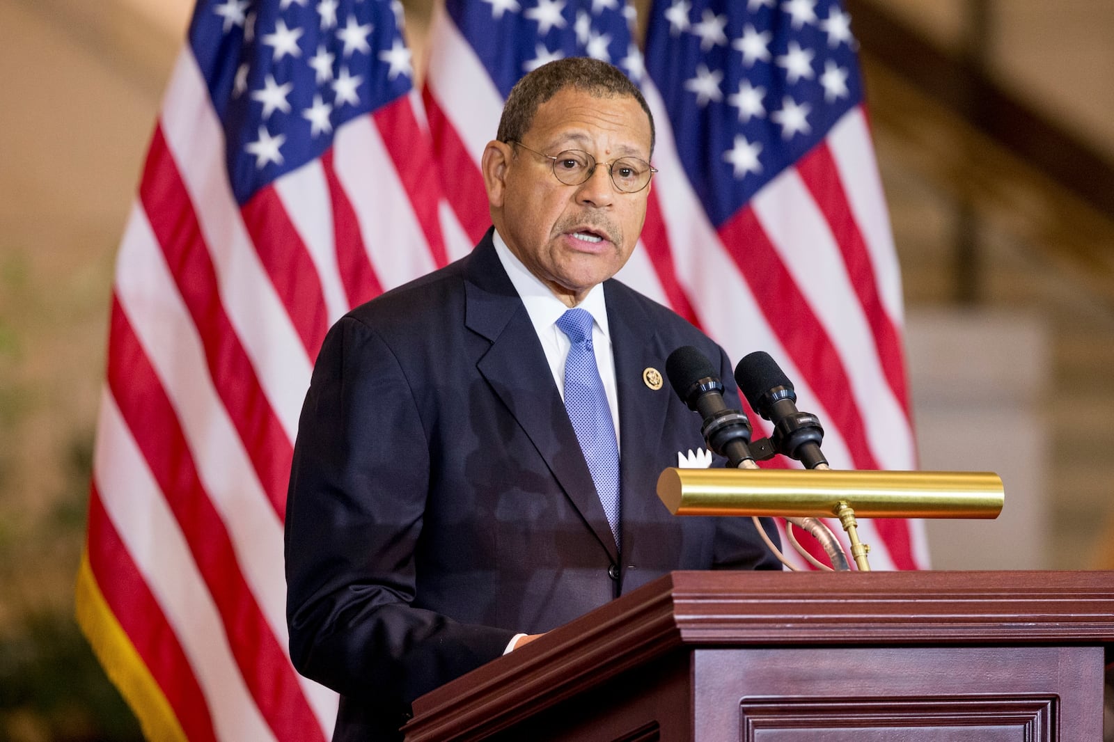 FILE - U.S. Rep. Sanford Bishop, D-Ga., is shown in this file photograph speaking during a commemoration ceremony for the 150th anniversary of the ratification of the 13th Amendment to the U.S. Constitution which abolished slavery in the United States, Dec. 9, 2015, in Emancipation Hall on Capitol Hill in Washington. (AP Photo/Andrew Harnik, File)