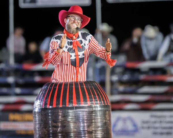 A specially padded, oversized barrel serves as both prop and protection for rodeo clowns.
(Courtesy of Colt Hartt)