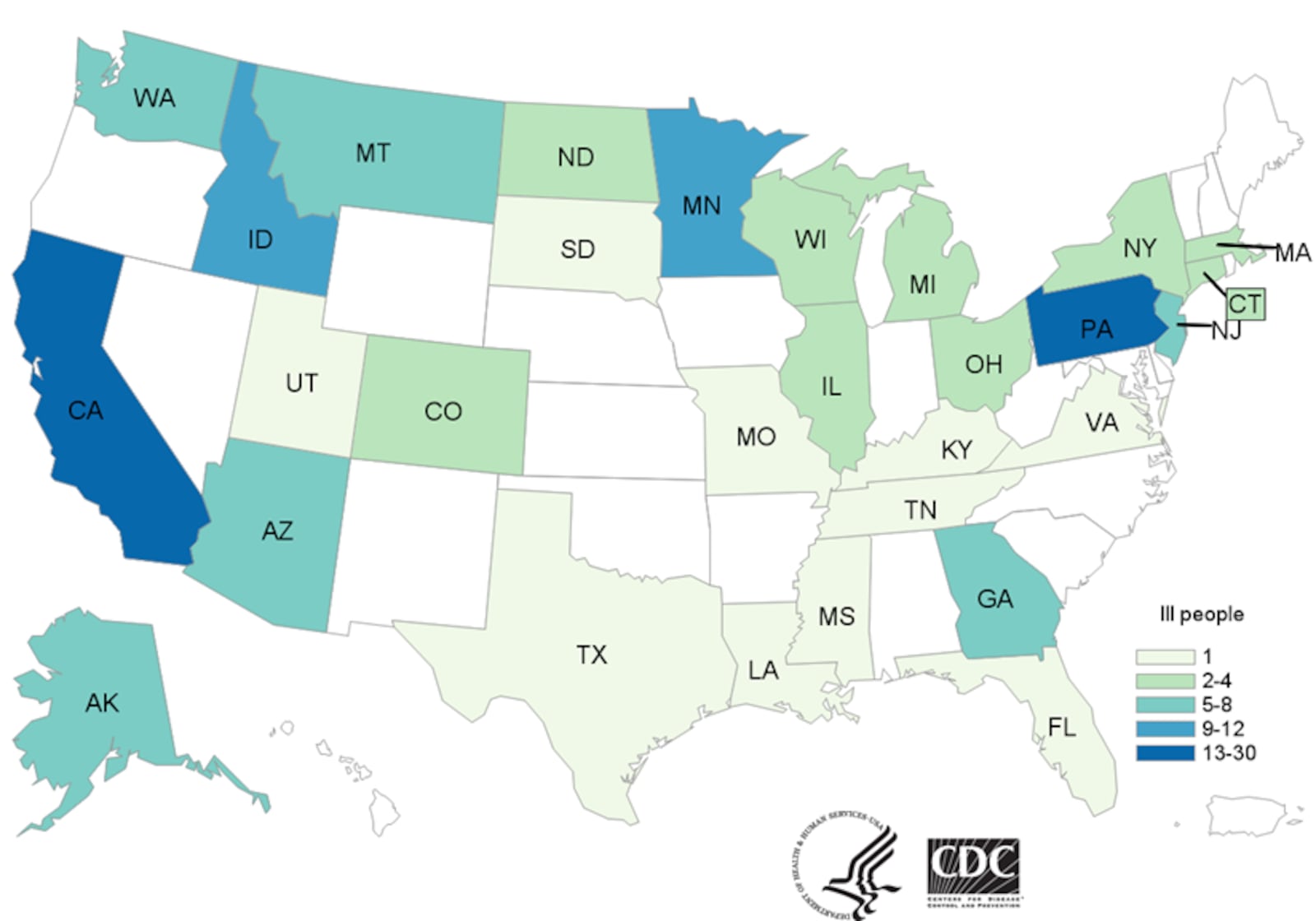 People infected with the outbreak strain of E. coli O157:H7, by state of residence, as of May 8, 2018 (n=149)