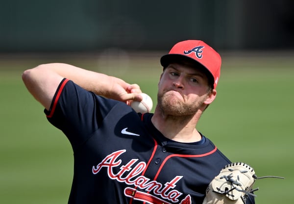 Braves pitcher Bryce Elder during a live batting practice session.