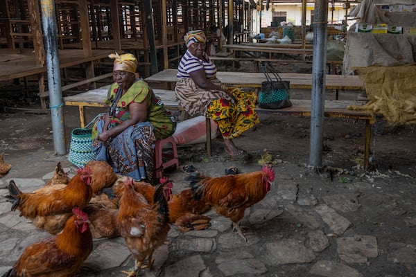 Women selling chickens wait for customers at the Virunga market in Goma, Democratic Republic of Congo, Thursday, Feb. 27, 2025, one month after Rwanda-backed M23 rebels captured the city. (AP Photo/Moses Sawasawa)