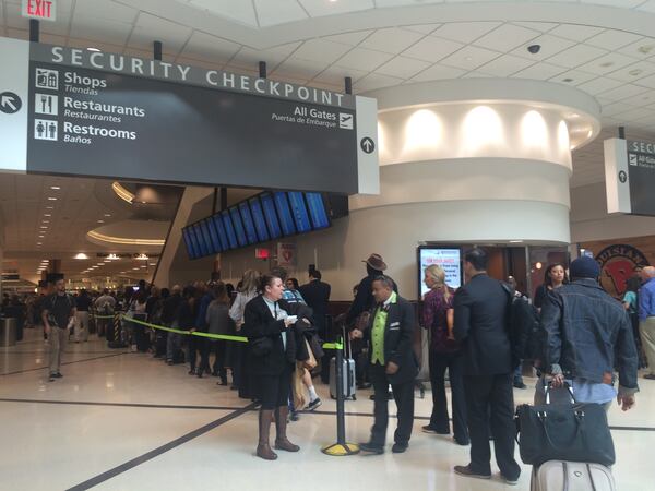 At Hartsfield-Jackson on Wednesday March 31, the line for security stretched to the atrium at midday.