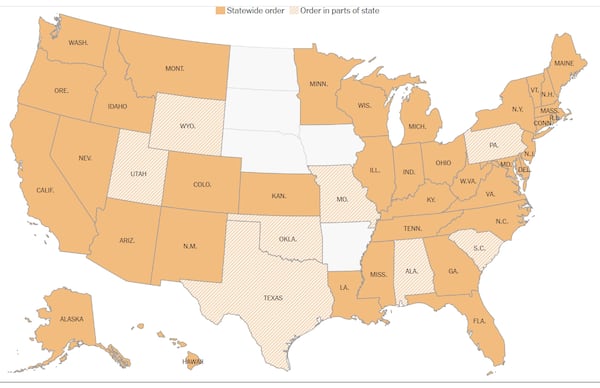 The following is a state-by-state breakdown from The New York Times of where stay-at-home orders stand throughout the country.