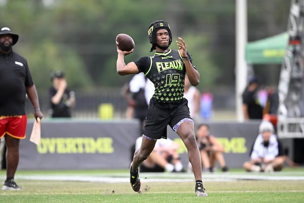 FILE - Fleaux quarterback Bryce Underwood (19) during the OT7 Orlando football tournament against Silly U, Saturday, April 27, 2024, in Orlando, Fla. (AP Photo/Phelan M. Ebenhack, File)