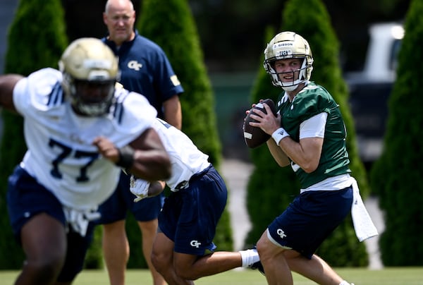 Georgia Tech's quarterback Zach Gibson (15) prepares to throw a ball during a training camp at Georgia Tech’s Rose Bowl Field, Tuesday, August 1, 2023, in Atlanta. (Hyosub Shin / Hyosub.Shin@ajc.com)