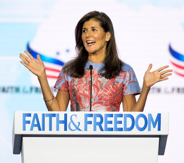 Former U.N. Ambassador Nikki Haley will arrive in Georgia on Friday for a pair of events with Republican Senate nominee Herschel Walker in the morning and Gov. Brian Kemp in the afternoon. She is pictured speaking at the Faith & Freedom Coalition's Road to Majority Policy Conference  in Nashville, Tennessee on June 16, 2022. (Brian Cahn/ZUMA Press Wire/TNS)