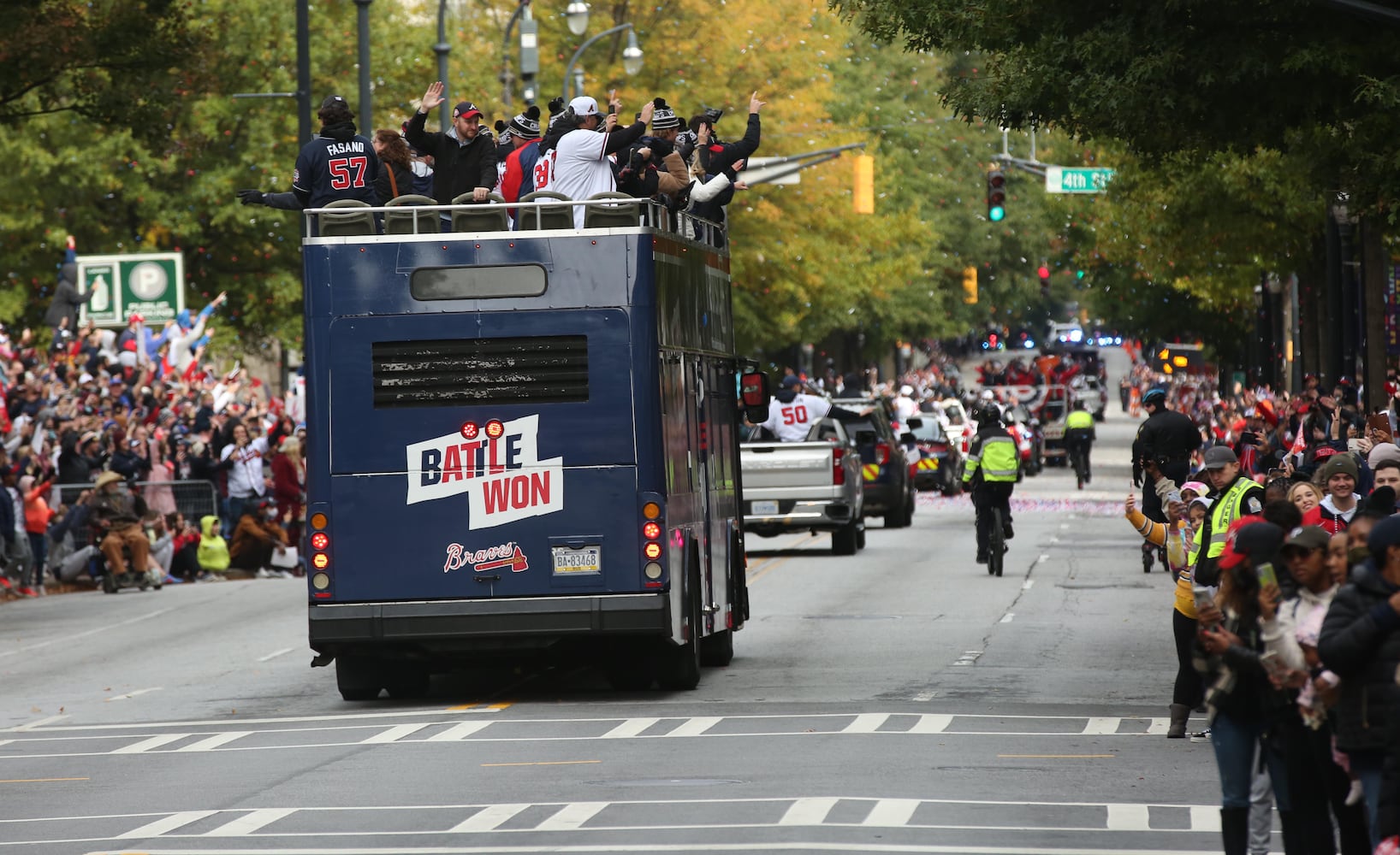 The Braves' World Series parade makes its way through Midtown Atlanta, Georgia, on Friday, Nov. 5, 2021. (Photo/Austin Steele for the Atlanta Journal Constitution)