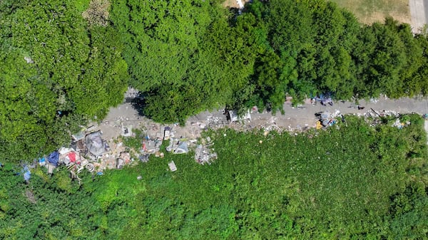 An aerial view shows part of the Cooper Street encampment on Monday, Aug. 12, 2024. (Miguel Martinez / AJC)