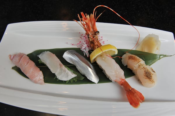 Sushi plate with amaebi, kohada, Japanese snapper and toro at Tomo Japanese Restaurant. (Beckysteinphotography.com)