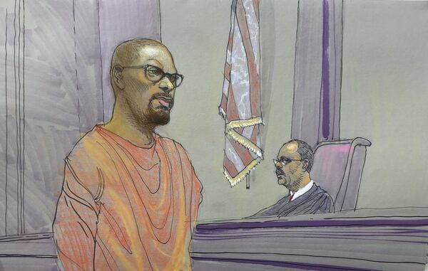 A courtroom sketch of defendant Shandarrick Barnes, who was sentenced to prison on Monday, April 9, 2018, for trying to intimidate a federal witness in the Atlanta City Hall bribery scheme. Sketch by artist Richard Miller