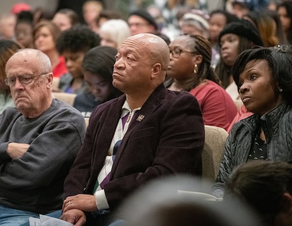 120619 MARIETTAâ  Maj. Craig Owens, who is running for Sheriff of Cobb County, listens during a town hall meeting hosted by the ACLU of Georgia, Cobb County Southern Christian Leadership Conference and La Gente de Cobb to discuss the conditions at the Cobb County Detention Center Monday, Dec. 9, 2019 at Life Church in Marietta, Ga. PHOTO BY ELISSA BENZIE