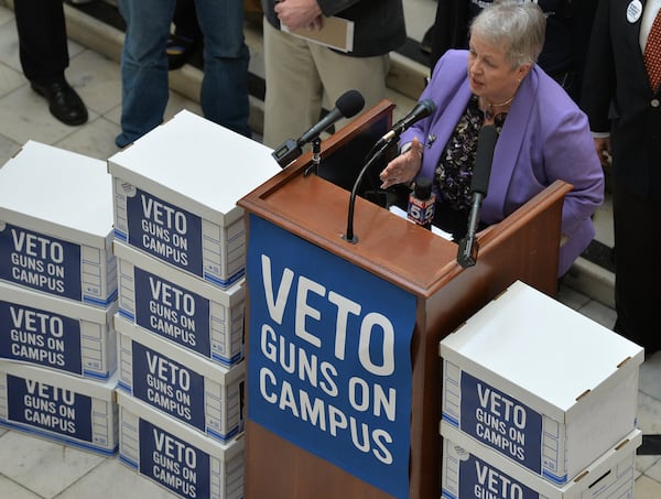 Sen. Nan Orrock speaks during a March rally opposing campus carry in 2016. The group delivered 30,000 petitions to Gov. Nathan Deal's office urging a veto of the bill that would allow those 21 years and older to carry a weapon on college campus. BRANT SANDERLIN/AJC 2016