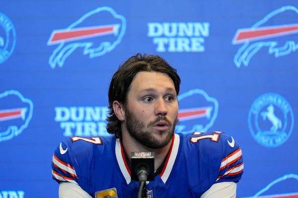 Buffalo Bills quarterback Josh Allen speaks during a news conference following an NFL football game against the Kansas City Chiefs Sunday, Nov. 17, 2024, in Orchard Park, N.Y. The Bills won 30-21. (AP Photo/Julia Demaree Nikhinson)