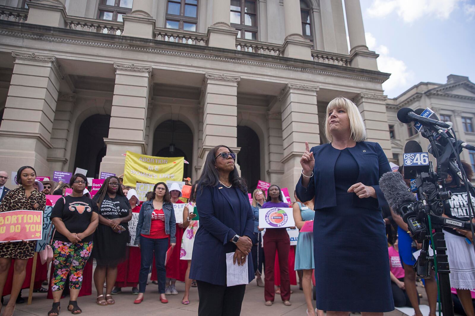 05/07/2019  -- Atlanta, Georgia -- Staci Fox, CEO and President of Planned Parenthood Southeast, speaks during an anti-abortion rally outside of the Georgia State Capitol building following the signing of HB 481 in Atlanta, Tuesday, May 7, 2019.  Georgia Governor Brian Kemp signed the bill, surrounded by supporters and Georgia lawmakers, in his office Tuesday morning.  (ALYSSA POINTER/ALYSSA.POINTER@AJC.COM)