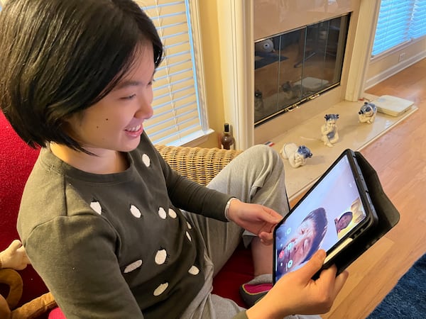 Jean speaking with her grandmother Xiue Lin of Fujian China during one of their frequent video calls which served as inspiration for her project. (Photo Courtesy of Jean Yu)