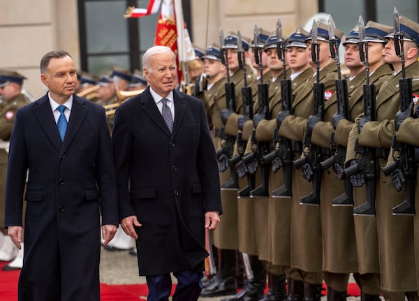 President Joe Biden is welcomed by President Andrzej Duda of Poland at the Presidential Palace in Warsaw on Tuesday, Feb. 21, 2023. (Doug Mills/The New York Times).