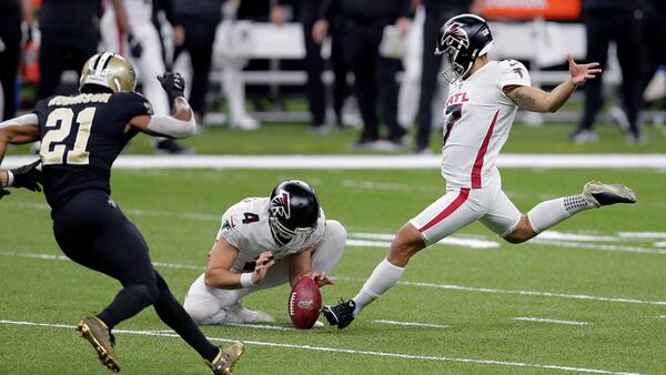 Falcons kicker Younghoe Koo (7) kicks a field goal in the first half  against the Saints Sunday, Nov. 22, 2020, in New Orleans. (Brett Duke/AP)