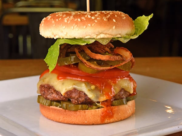 The Western Cowboy Burger, from 1910 Public House. (Styling by executive chef Christian Speigal / Chris Hunt for the AJC)