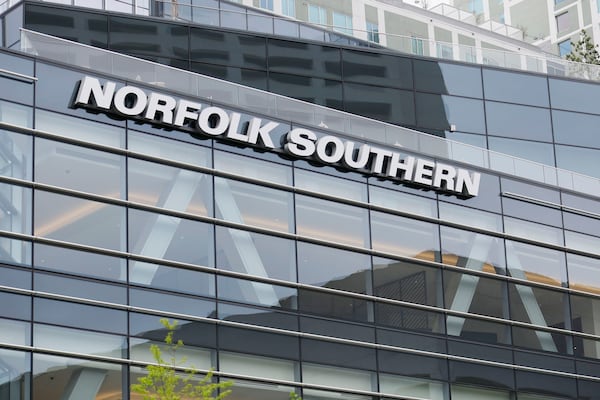 The Norfolk Southern logo is prominently displayed on the company's headquarters in Atlanta, on April 4, 2023. (Miguel Martinez/The Atlanta Journal-Constitution/TNS)