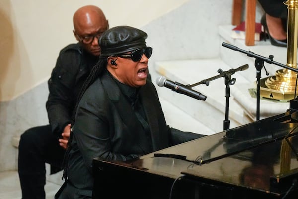 Stevie Wonder performs during a ceremony in celebration of Roberta Flack's life at The Abyssinian Baptist Church on Monday, March 10, 2025, in New York. (AP Photo/Richard Drew)