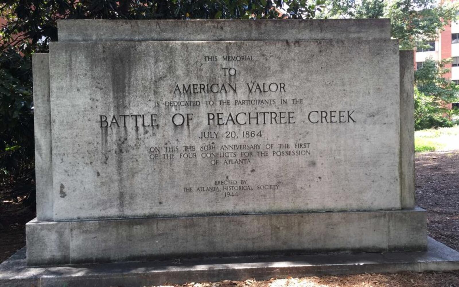 The Battle of Peachtree Creek monument was disassembled and is being stored during construction by Piedmont Healthcare.