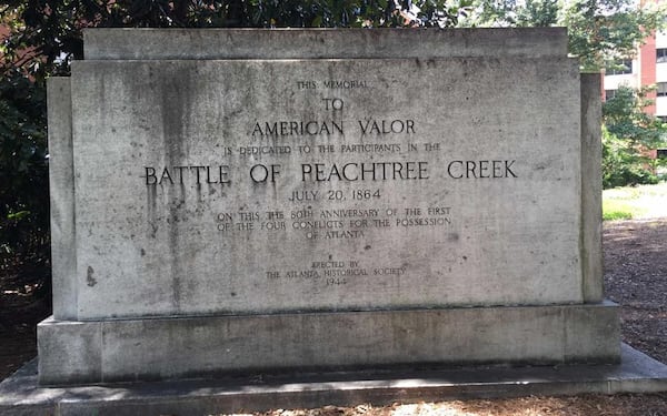 The Battle of Peachtree Creek monument was disassembled and is being stored during construction by Piedmont Healthcare.