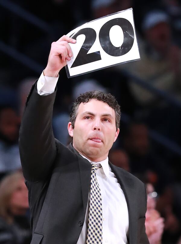 January 8, 2020 Atlanta: Georgia Tech head coach Josh Pastner uses a sign to call a defense against Duke in a NCAA college basketball game on Wednesday, January 8, 2020, in Atlanta.  Curtis Compton ccompton@ajc.com