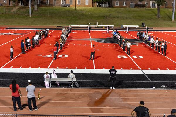 The Clark Atlanta University marching band practices at Panther Stadium at Clark Atlanta University in Atlanta on Thursday, October 10, 2024. (Arvin Temkar / AJC)