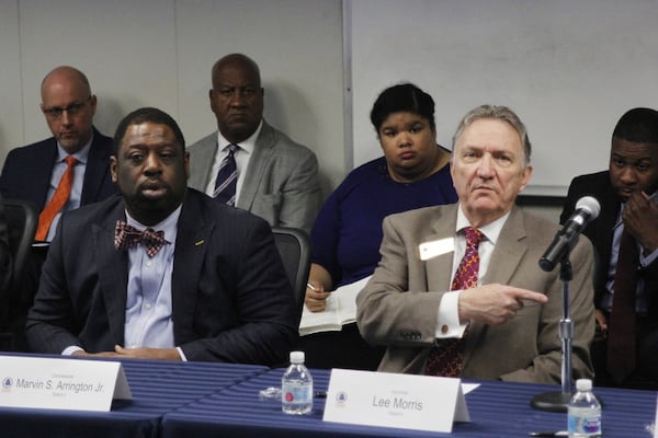 Fulton County Commissioner Lee Morris, right, makes a point during a mayors meeting to discuss the future of Fulton’s transit on Friday, Feb. 22, 2019 at the Fulton County Government Center in downtown Atlanta. (BEN BRASCH/BEN.BRASCH@AJC.COM)