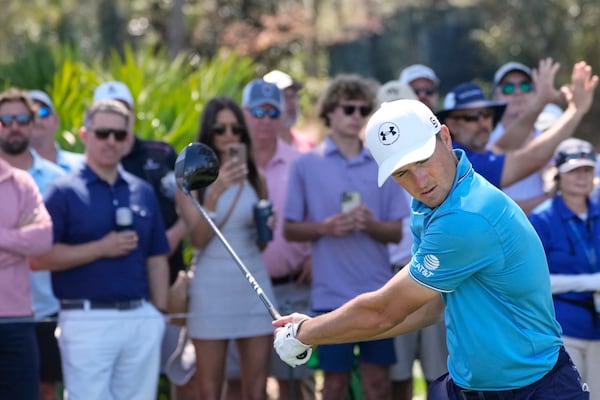 Jordan Spieth hits his tee shot on the ninth hole during the first round of The Players Championship golf tournament Thursday, March 13, 2025, in Ponte Vedra Beach, Fla. (AP Photo/Julia Demaree Nikhinson)